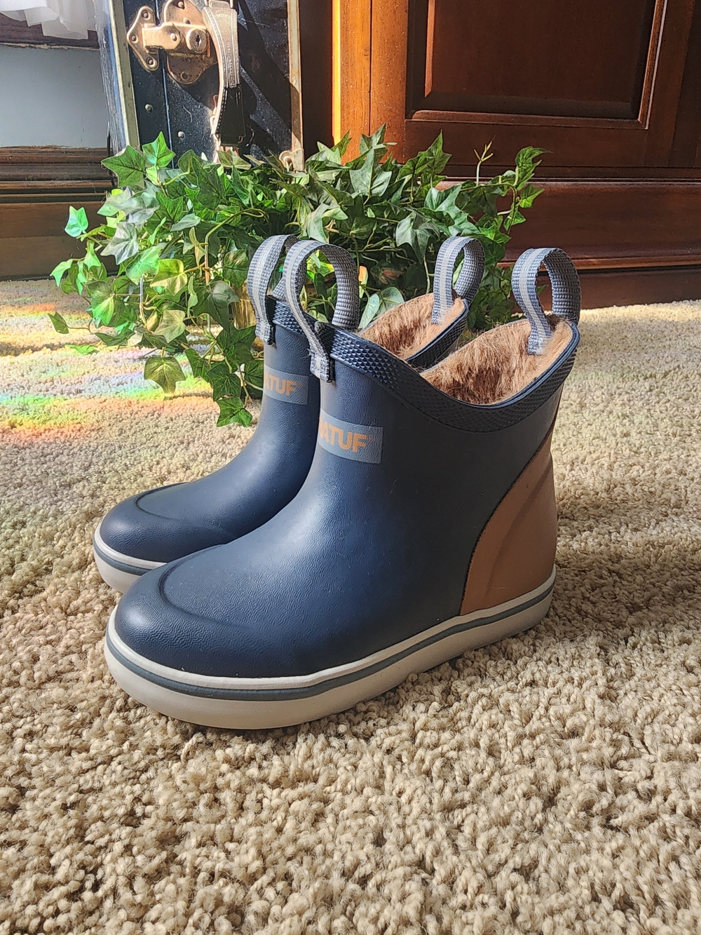 Xtratuf Kids Faux Fur Lined Navy and Tan Waterproof Rain & Snow Boots